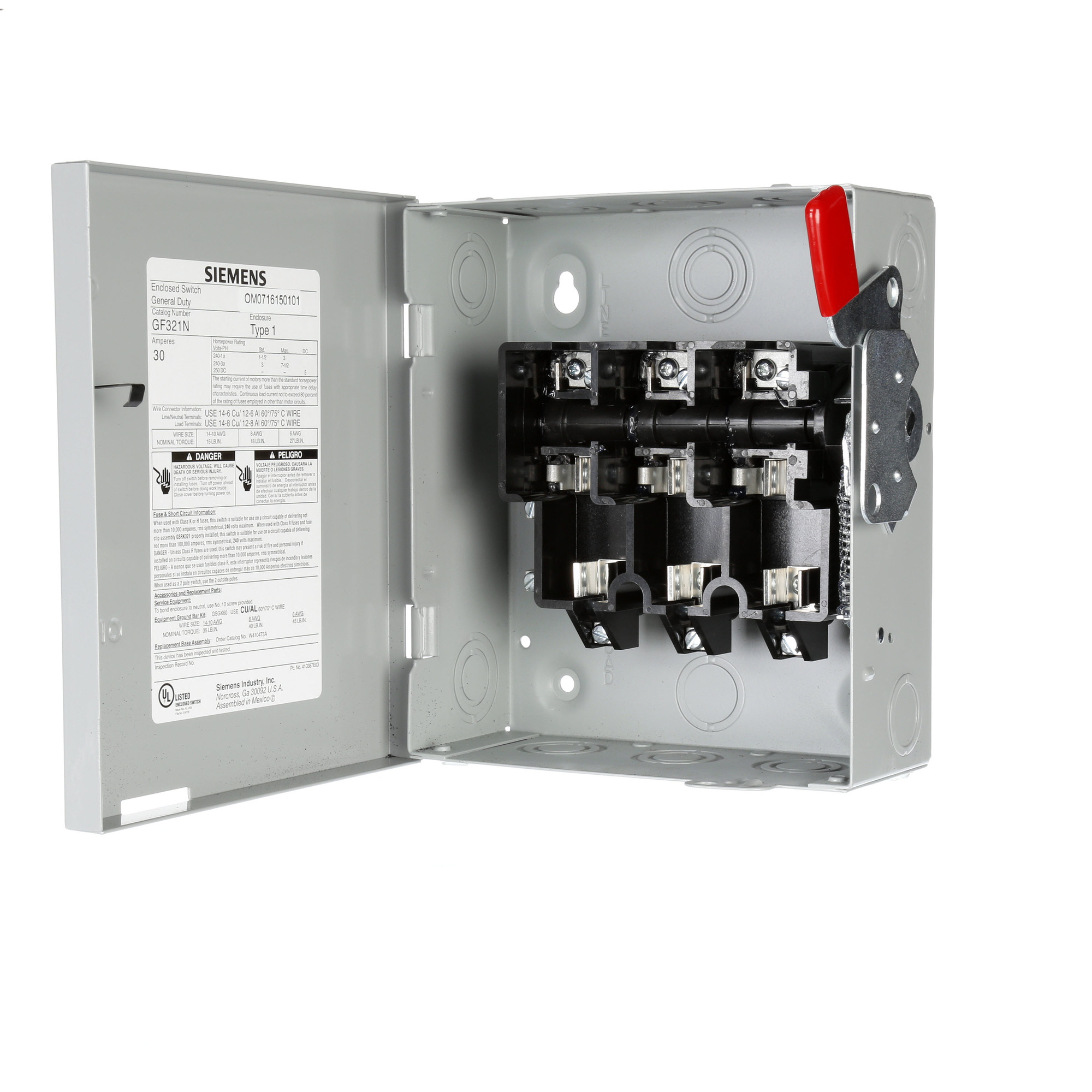  Low Voltage Circuit Protection General Duty Safety Switch. 3-Pole 3-Fuse and solid neutral Fused in a type 1 enclosure (indoor). Rated 240VAC (30A). Horse power (Std, Time delay) fused 1-PH 2-W (1-1/2, 3), 3-PH 3-W (3, 7-1/2), 250VDC (5). Special features service entrance labeled .