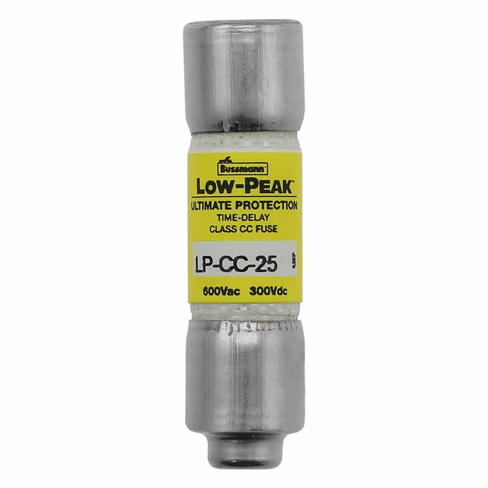 Eaton Bussmann series LP-CC fuse, Current-limiting time-delay fuse, Rejection style, 25 A, Dual, CC, Non-indicating, Ferrule end x ferrule end, 12 sec at 200%, 20 kAIC at 300 Vdc,200 kAIC at 600 V, Melamine tube, 10, 600 V, 300 Vdc
