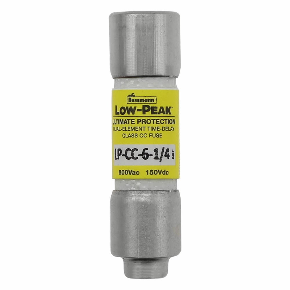 Eaton Bussmann series LP-CC fuse, Current-limiting time-delay fuse, Rejection style, 6.25 A, Dual, CC, Non-indicating, Ferrule end x ferrule end, 12 sec at 200%, 200 kAIC at 600 V,20 kAIC at 150 Vdc, Melamine tube, 10, 600 V, 150 Vdc