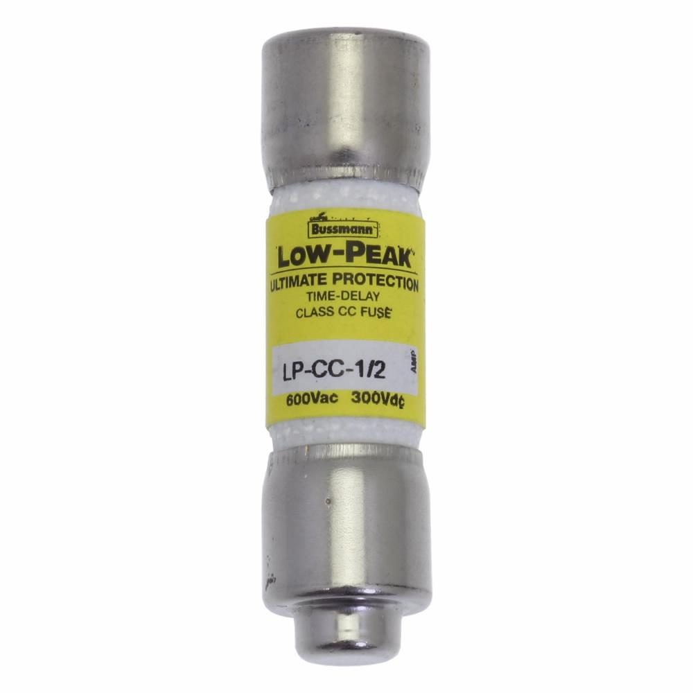 Eaton Bussmann series LP-CC fuse, Current-limiting time-delay fuse, Rejection style, 0.5 A, Dual, CC, Non-indicating, Ferrule end x ferrule end, 12 sec at 200%, 200 kAIC at 600 V,20 kAIC at 300 Vdc, Melamine tube, 10, 600 V, 300 Vdc