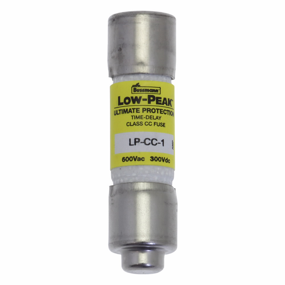 Eaton Bussmann series LP-CC fuse, Current-limiting time-delay fuse, Rejection style, 1 A, Dual, CC, Non-indicating, Ferrule end x ferrule end, 12 sec at 200%, 200 kAIC at 600 V,20 kAIC at 300 Vdc, Melamine tube, Standard, 10, 600 V, 300 Vdc