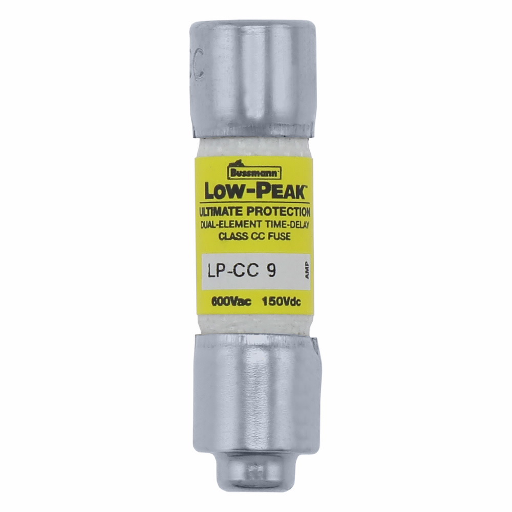 Eaton Bussmann series LP-CC fuse, Current-limiting time-delay fuse, Rejection style, 9 A, Dual, CC, Non-indicating, Ferrule end x ferrule end, 12 sec at 200%, 20 kAIC at 150 Vdc,200 kAIC at 600 V, Melamine tube, Standard, 10, 600 V, 150 Vdc