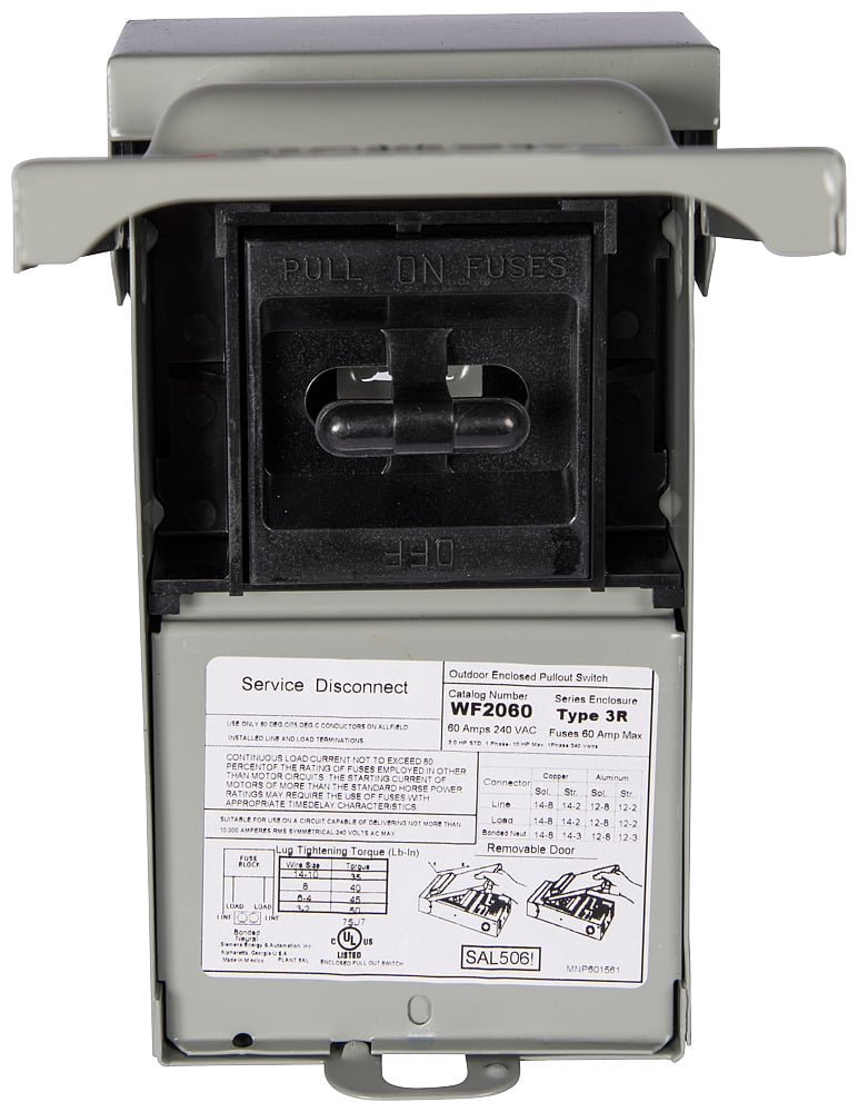 PHASE-OUT - The WF2060 Pull Out AC Disconnect 60AMP Fused 240Volt 10HP is beingphased out and replaced by the WFC2060 which is in stock and available.