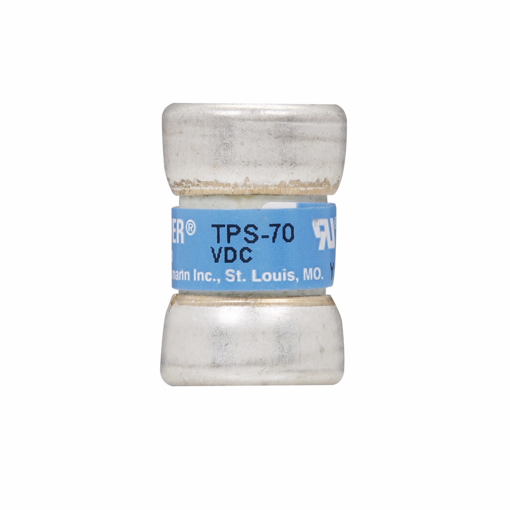 Eaton Bussmann series TPS telecommunication fuse, 170 Vdc, 20A, 100 kAIC, Non Indicating, Current-limiting, Non-indicating, Ferrule end X ferrule end, Glass melamine tube, Silver-plated brass ferrules