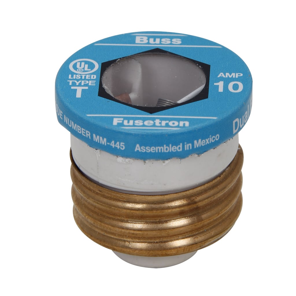 Eaton Bussmann series Type T plug fuse, plug fuse, time delay, heavy duty, 1/2 A, 125 Vac, 10 kAIC (RMS Symmetrical) interrupt rating, 10 kA short circuit rating, threaded mount, duel element, plastic body, brass thread, edison base
