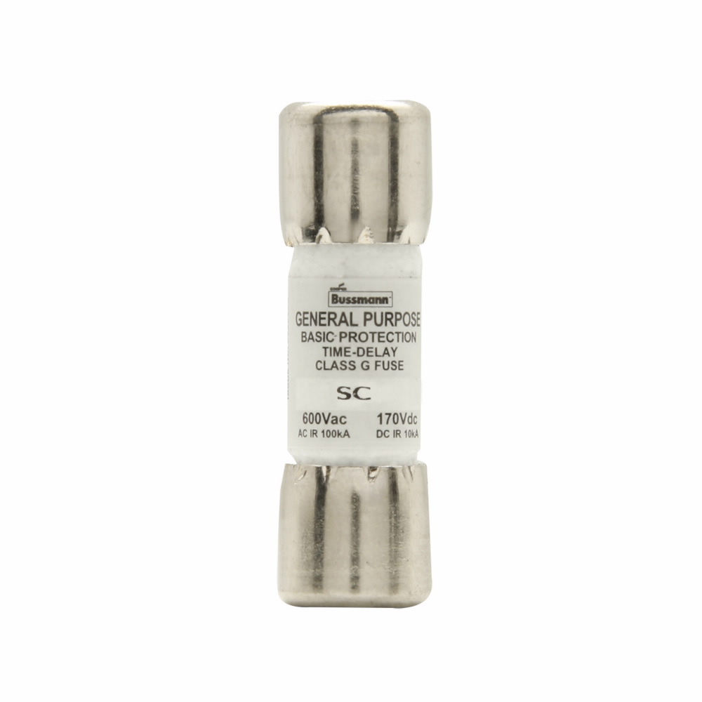 Eaton Bussmann series SC fuse, Current-limiting time-delay fuse, Rejection style, 8 A, Class G, Non-indicating, Ferrule end x ferrule end, 12 sec at 200%, 100 kAIC at 600 Vac,10 kAIC at 170 Vdc, Standard, 600 V, 170 Vdc