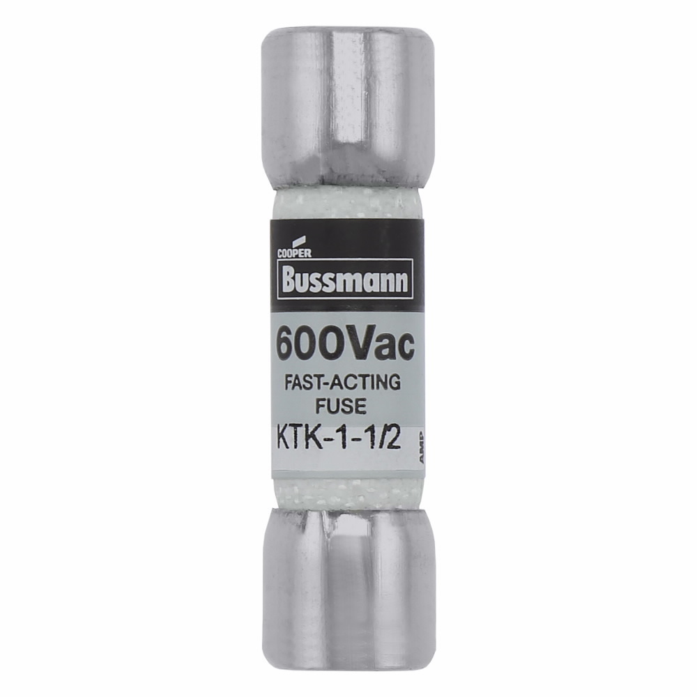 Eaton Bussmann series KTK fuse, LIMITRON Fast-acting fuse, Control circuits, lighting circuit protection, meter circuits, 1.5 A, Non-indicating, Ferrule end x ferrule end, 100 kAIC at 600 V, Melamine tube,Nickel-plated bronze endcap, 600 V