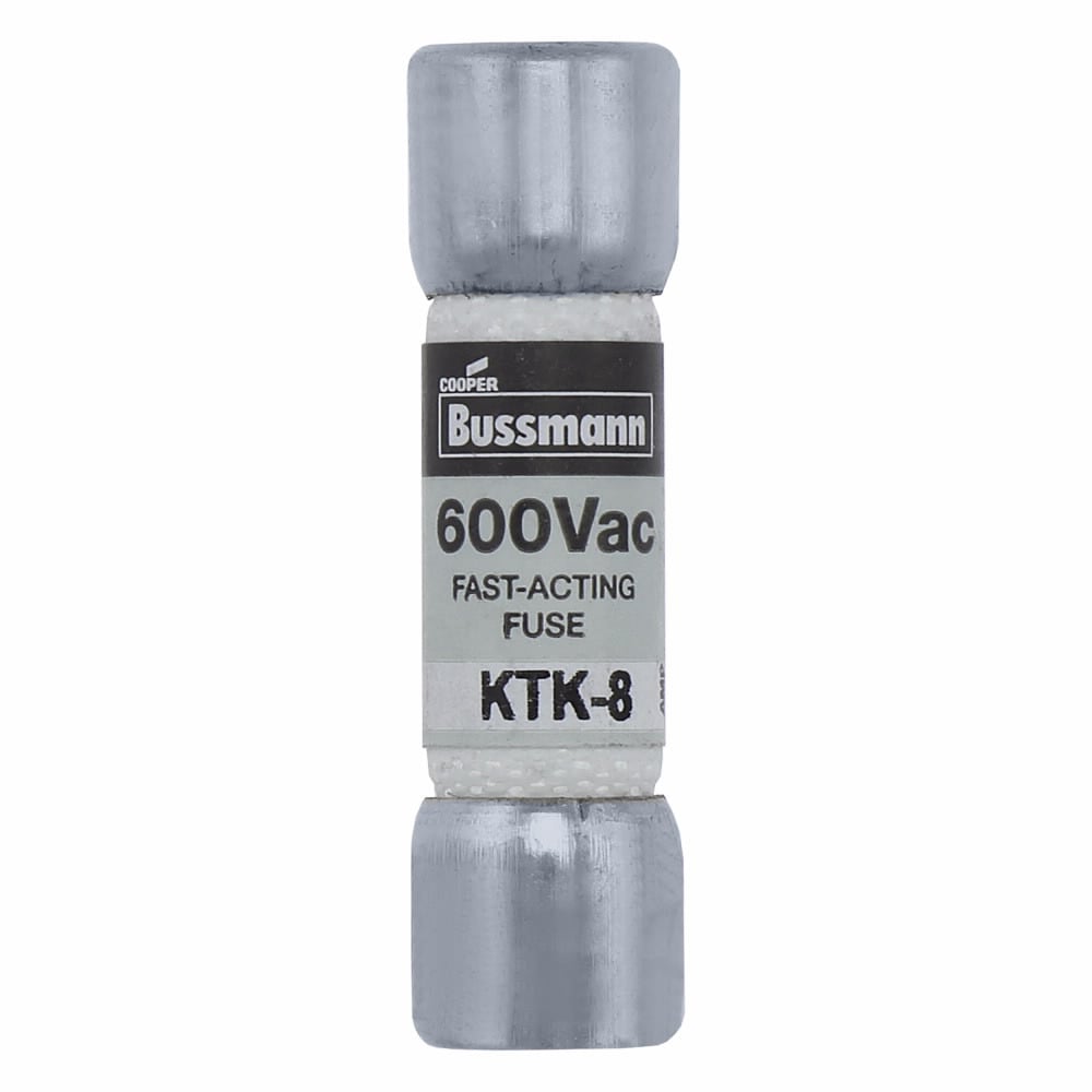Eaton Bussmann series KTK fuse, LIMITRON Fast-acting fuse, Control circuits, lighting circuit protection, meter circuits, 8 A, Non-indicating, Ferrule end x ferrule end, 100 kAIC at 600 V, Nickel-plated bronze endcap,Melamine tube, 600 V