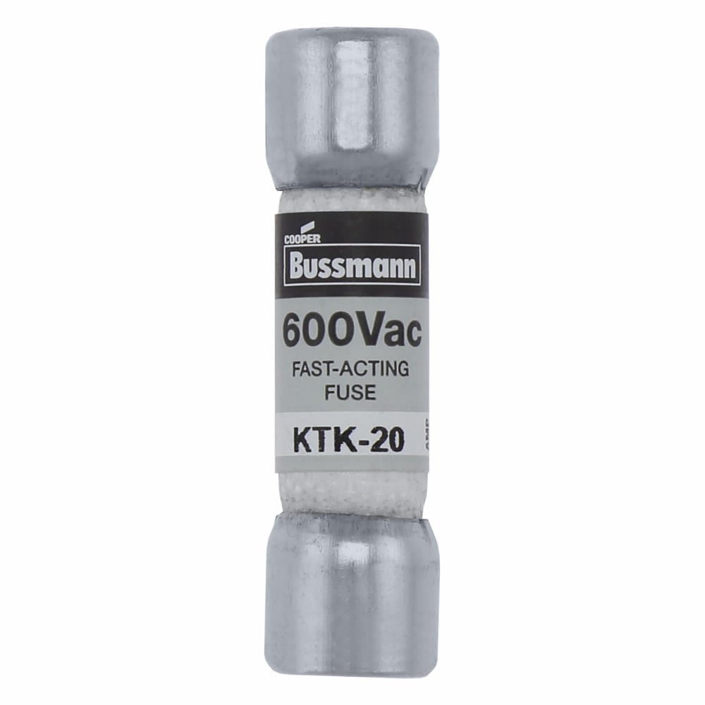 Eaton Bussmann series KTK fuse, LIMITRON Fast-acting fuse, Control circuits, lighting circuit protection, meter circuits, 20 A, Non-indicating, Ferrule end x ferrule end, 100 kAIC at 600 V, Melamine tube,Nickel-plated bronze endcap, 600 V