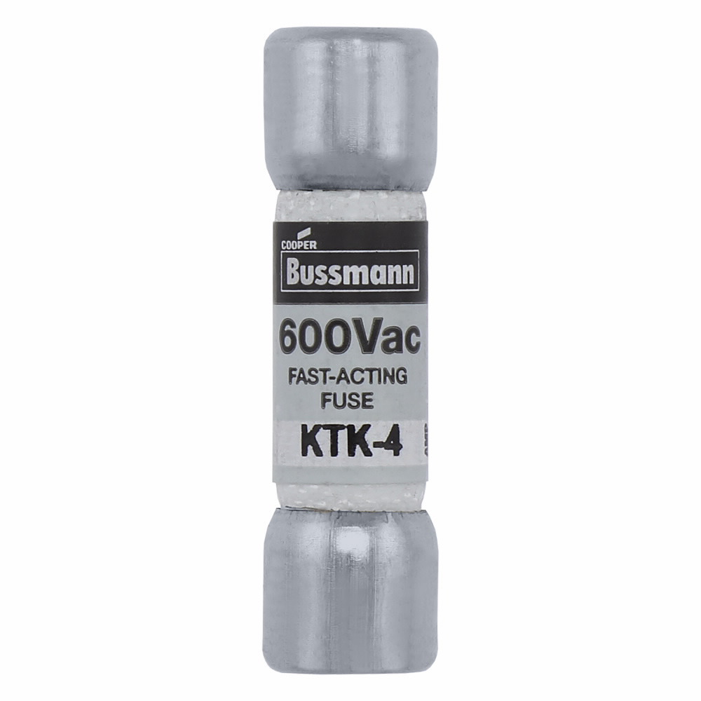 Eaton Bussmann series KTK fuse, LIMITRON Fast-acting fuse, Control circuits, lighting circuit protection, meter circuits, 4 A, Non-indicating, Ferrule end x ferrule end, 100 kAIC at 600 V, Nickel-plated bronze endcap,Melamine tube, 600 V