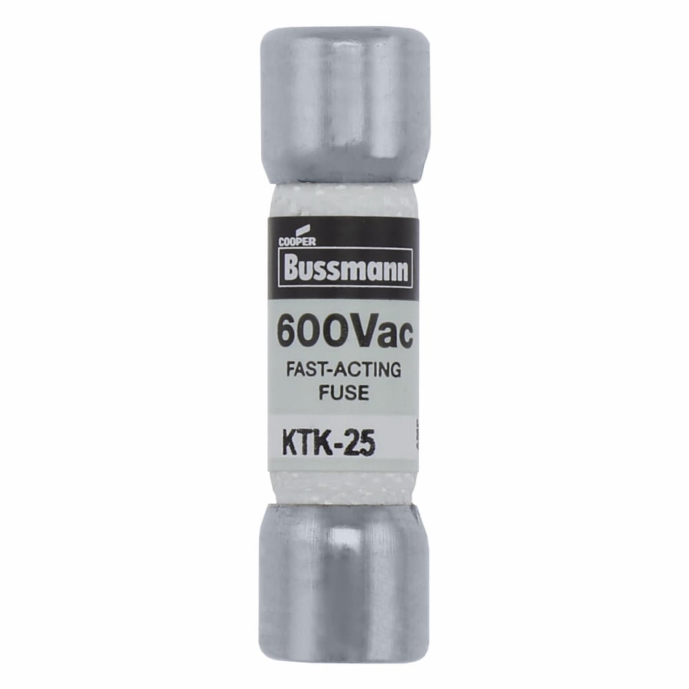 Eaton Bussmann series KTK fuse, LIMITRON Fast-acting fuse, Control circuits, lighting circuit protection, meter circuits, 25 A, Non-indicating, Ferrule end x ferrule end, 100 kAIC at 600 V, Melamine tube,Nickel-plated bronze endcap, 600 V