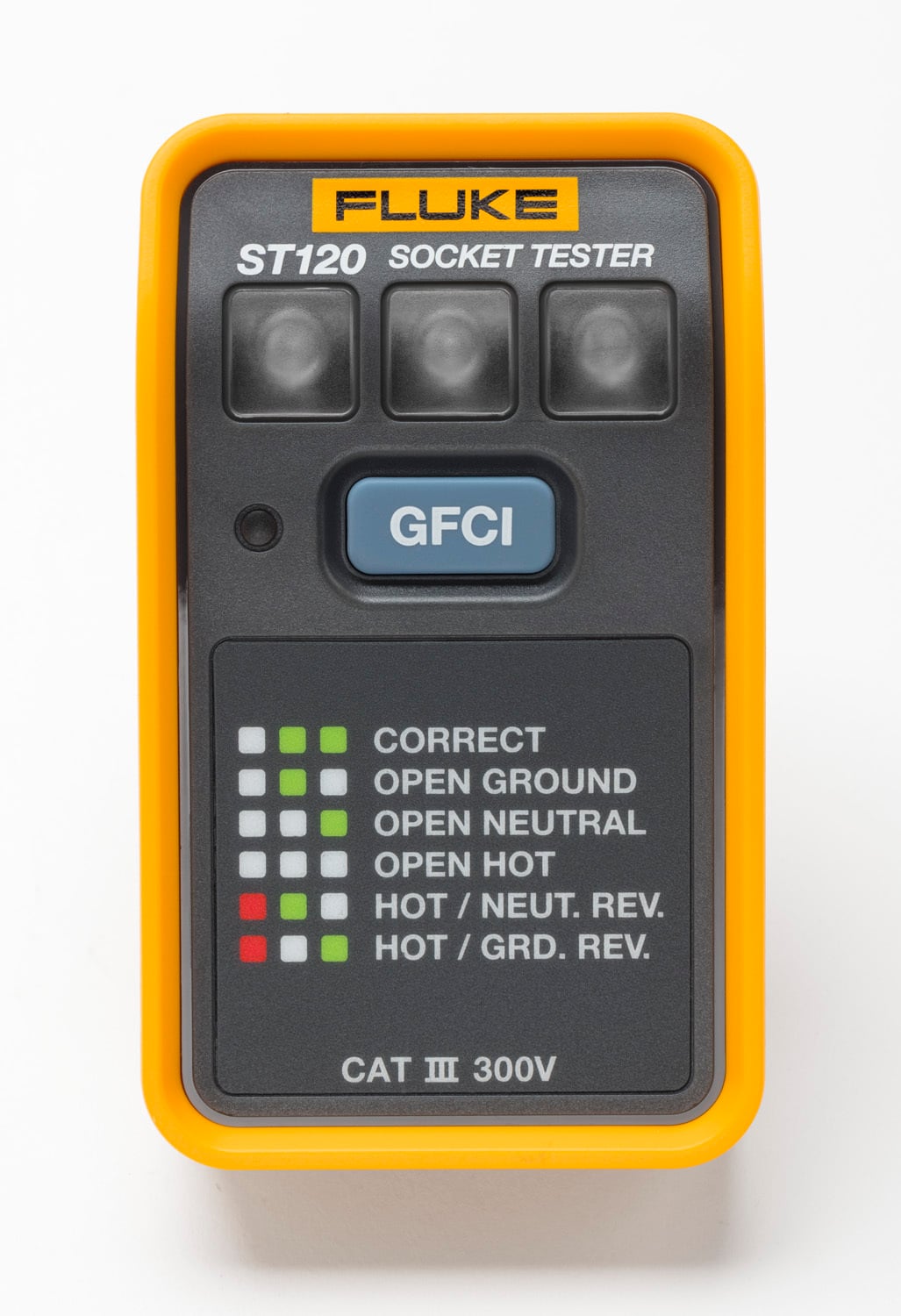 The ST120 socket tester with a GFCI test button from Fluke is a great introductory socket tester for home electricians and anyone wanting to quickly and easily test outlets. The bright, easy to read LEDs provide you with the information you need to easily recognize a miswired outlet. Plus, using the included table, you know how the outlet is miswired so you can repair it.The integrated GFCI test button gives you peace of mind by being able to individually check the GFCI trip function at your outlets, ensuring that they work as intended.The rugged yet compact design of the ST120 make it easy to carry with you to every job.
