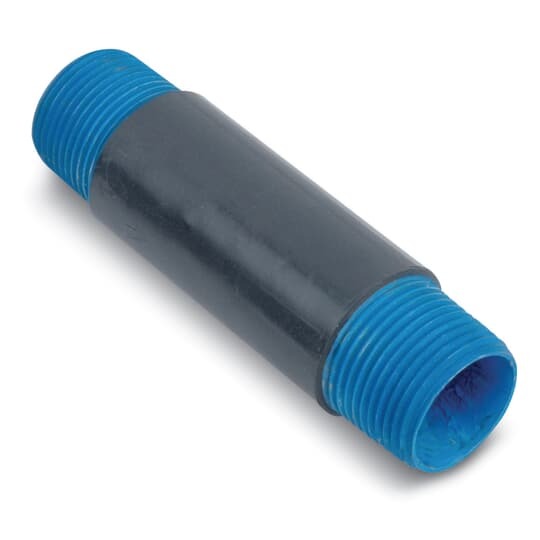 PVC Coated Conduit Nipple, 3/4 Inch/21 Metric Pipe Size x 6 Inch/152.4 Millimeters Nipple Length, Nominal .002 Inch (2 mil) Blue Urethane on Interior, Minimum .040 Inch (40 mil) PVC Coating on Exterior, Blue Urethane Coating Over Threads, Hot-Dip Galvanized Rigid Steel, Gray