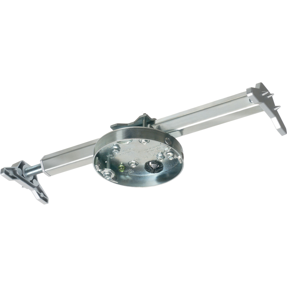 Steel fan and fixture pan box with adjustable mounting bracket for wood I-joists in existing construction. Set 16" to 24" on center for 1/2" or 5/8" drywall ceilings. 8.0 cu. in.
