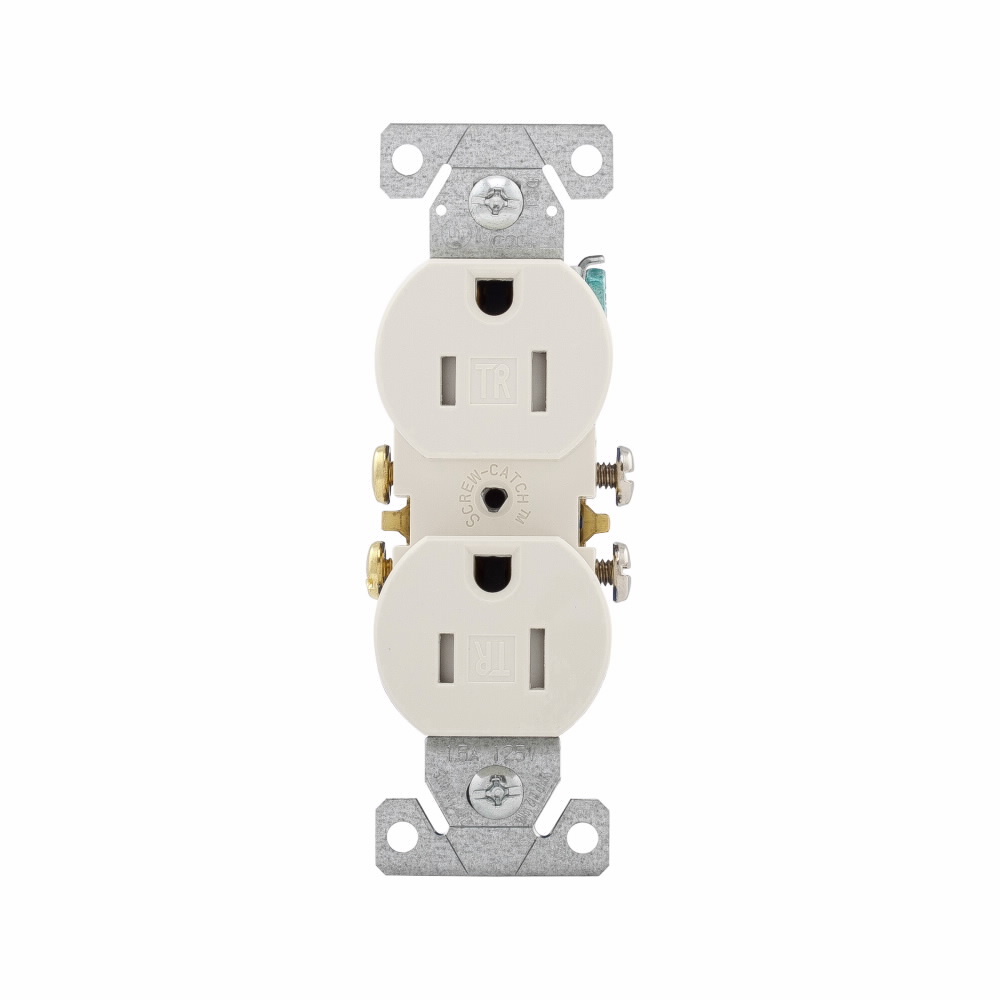 Eaton residential grade duplex receptacle, #14-10 AWG, 15A, Commercial, Residential, Flush, 125V, Side and push, Light almond, Brass, Impact-resistant thermoplastic face, PVC body, 5-15R, Duplex, Screw, Thermoplastic, Core pack