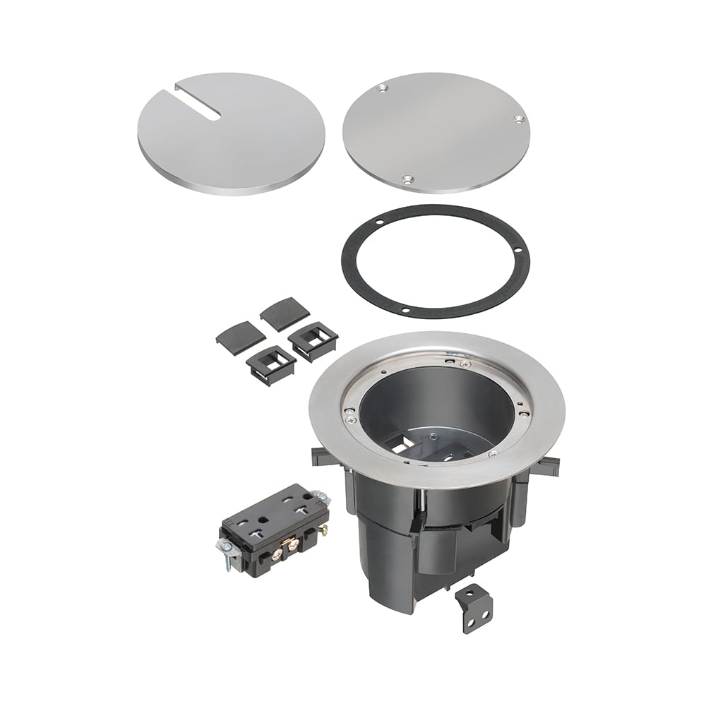 TWO low voltage openings with built-in divider, an ultra-thin stamped steel flange, and flush-to-the-floor in-use and blank covers. Has a nickel plated finish.